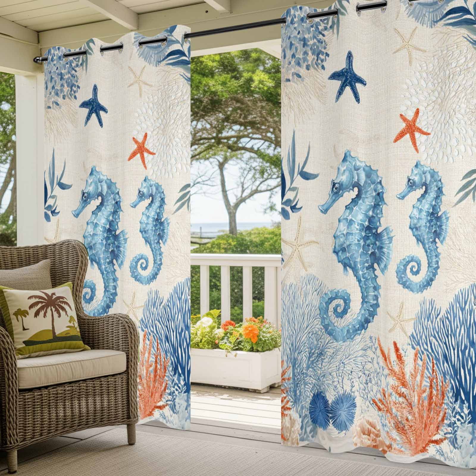 Sea Corals Seahorse Outdoor Curtains for Patio, Summer Beach Sea Stars Linen Texture Sunshade Privacy Drapes Grommet Waterproof Outside Curtains for Porch/Cabana/Balcony 54"x 108", 1 Panel