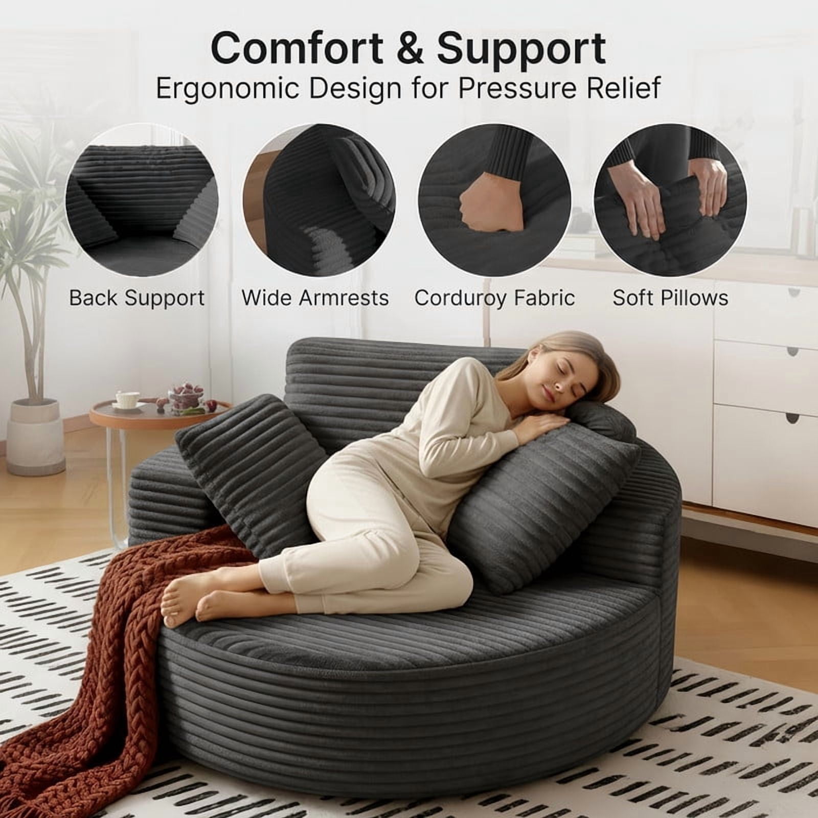 55''W Oversized Indoor Round Reading Armchair, Corduroy Upholstered Chaise Lounge, Single Lazy Sofa Chair