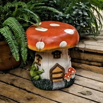 Mushroom House Garden Stool, 13.4" Resin Fairy Decor Stool with Forest Base, Outdoor Indoor Decorative Seat for Lawn, Patio, Fairy Garden Decor, Red