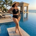 thumbnail image 3 of Agnes Orinda Women's Plus Size 2 Piece Swimsuits Polka Dots Halter Ruched Hollow High Waisted Solid Bathing Suits 1X Black, 3 of 8