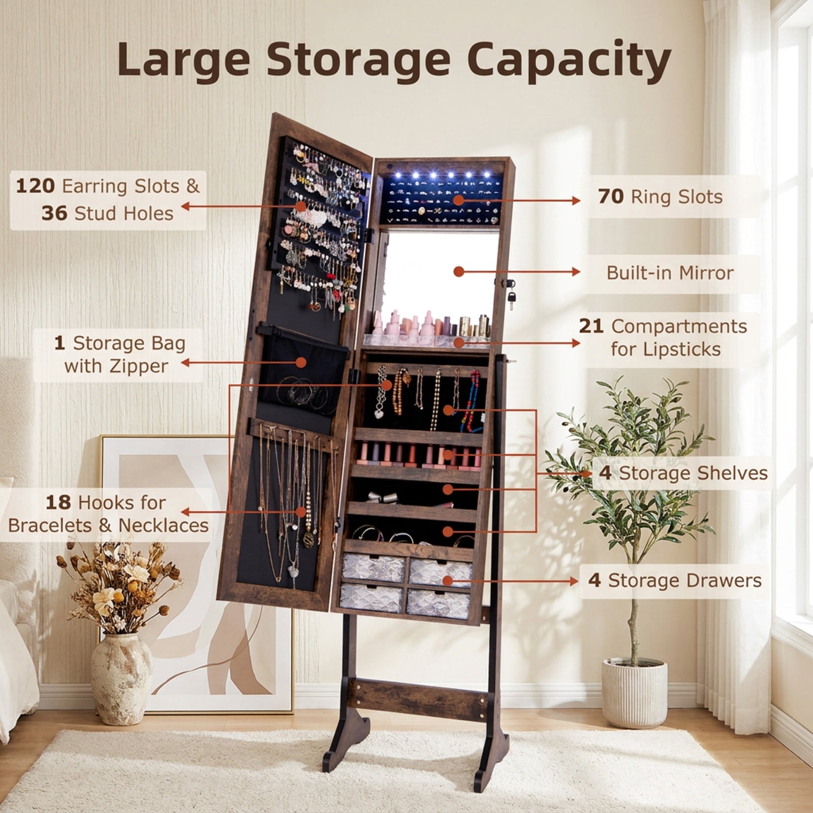 Furnibear Free Standing Full Length Jewelry Armoire with Lights for Bedroom Dressing Room Jewelry Necklace Rings Storage Mirror, Rustic Brown