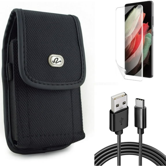 Matte Screen Protector & Case Belt Clip & 6ft USB Cable for Samsung Galaxy S22 Plus (S22 ) - Combo TPU Film Anti-Glare & Rugged Holster & Type-C Charger Cord Power