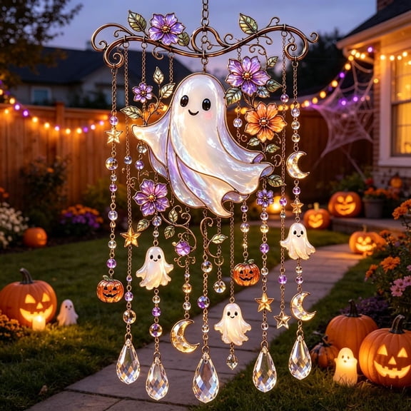 Halloween Themed Crystal Wind Chime, Stained Metal Style Halloween Ghost and Witch Hanging Decor, Spooky Suncatcher Hanging Fall Decor for Window Garden Yard Patio (F)