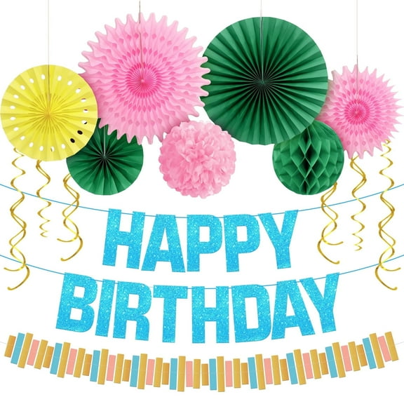 KatchOn, Happy Birthday Decorations Set - Pack of 16 | Blue Happy Birthday Banner with Birthday Honeycombs, Hanging Swirls | Rainbow Birthday Party Decorations | Colorful Birthday Party Decorations