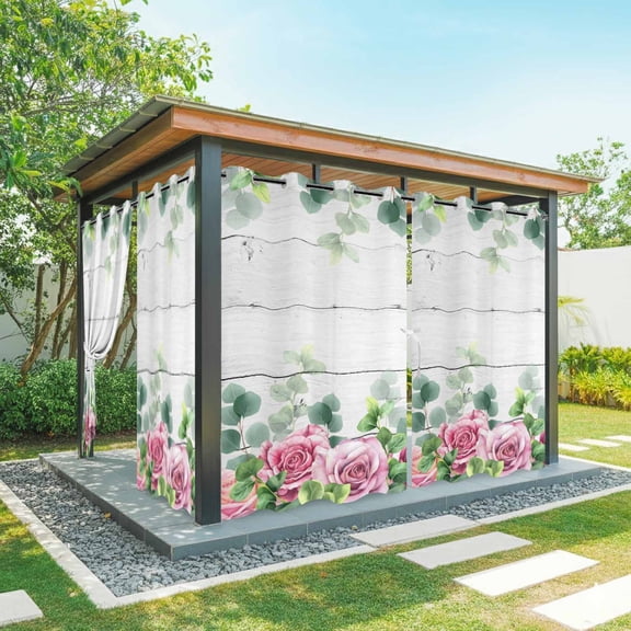 Outdoor Curtains for Patio Waterproof, Spring Pink Roses Outdoor Privacy Panels Grommet, Pastoral Eucalyptus Leaves Gray Wooden Blackout Outside Curtains for Porch/Cabana 54"x95", 2 Panels