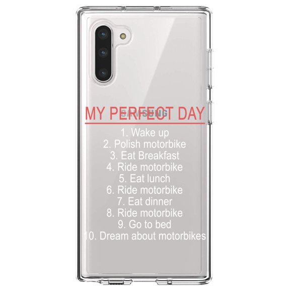 DistinctInk Clear Shockproof Hybrid Case for Samsung Galaxy Note 10 (6.3" Screen) - TPU Bumper Acrylic Back Tempered Glass Screen Protector - My Perfect Day - Motorbike Motorcycle