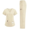 thumbnail image 2 of Scrubs for Women Set Stretch Fit Scrub Top & Jogger V-Neck Pants Medical Nurse Uniforms Set Multi Pocket 2025 Beige S, 2 of 4