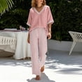 thumbnail image 5 of Maqroz Women 2 Piece Outfits Sets Summer Striped Print Short Sleeve V Neck Top and Striped Pants Set Elastic Waist Pockets Casual Vacation Sets Pink XXXL, 5 of 7