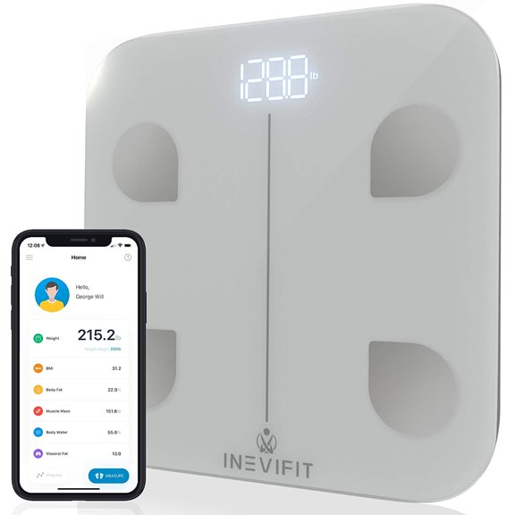 Bascula Smart Analizadora Corporal INEVIFIT Bluetooth de Alta Precisión Mide Peso Músculo IMC y más Plateado INEVIFIT I-84556