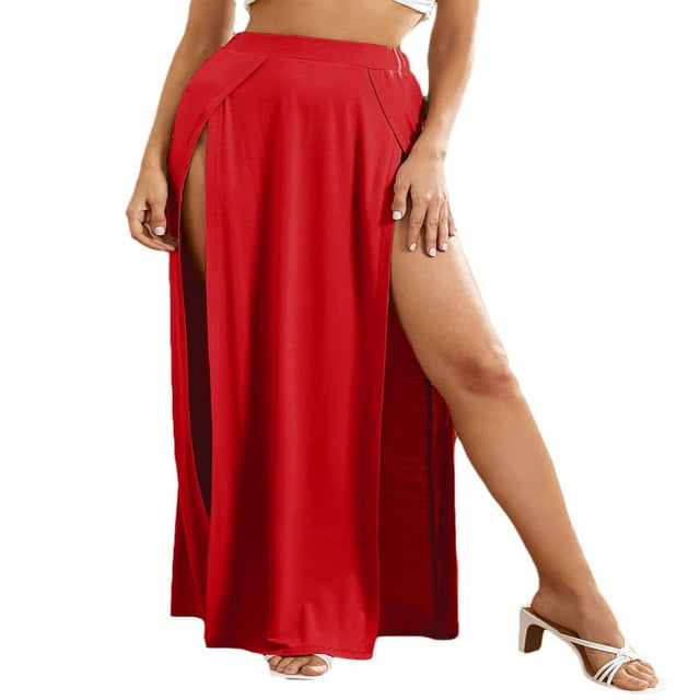 Womens Plus Size High Waist Waisted Double Split Long Maxi Skirts Beach Party Skirts