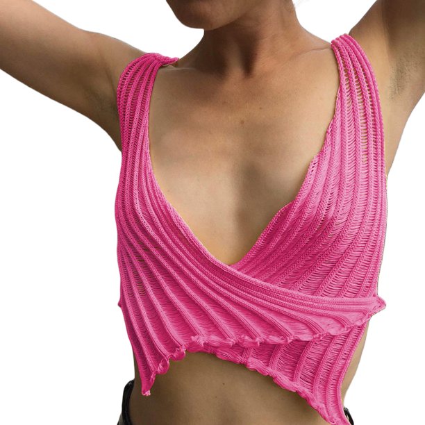 Txlixc Camiseta de verano para mujer con cuello en V profundo sin mangas de punto cruzado Txlixc Sexy