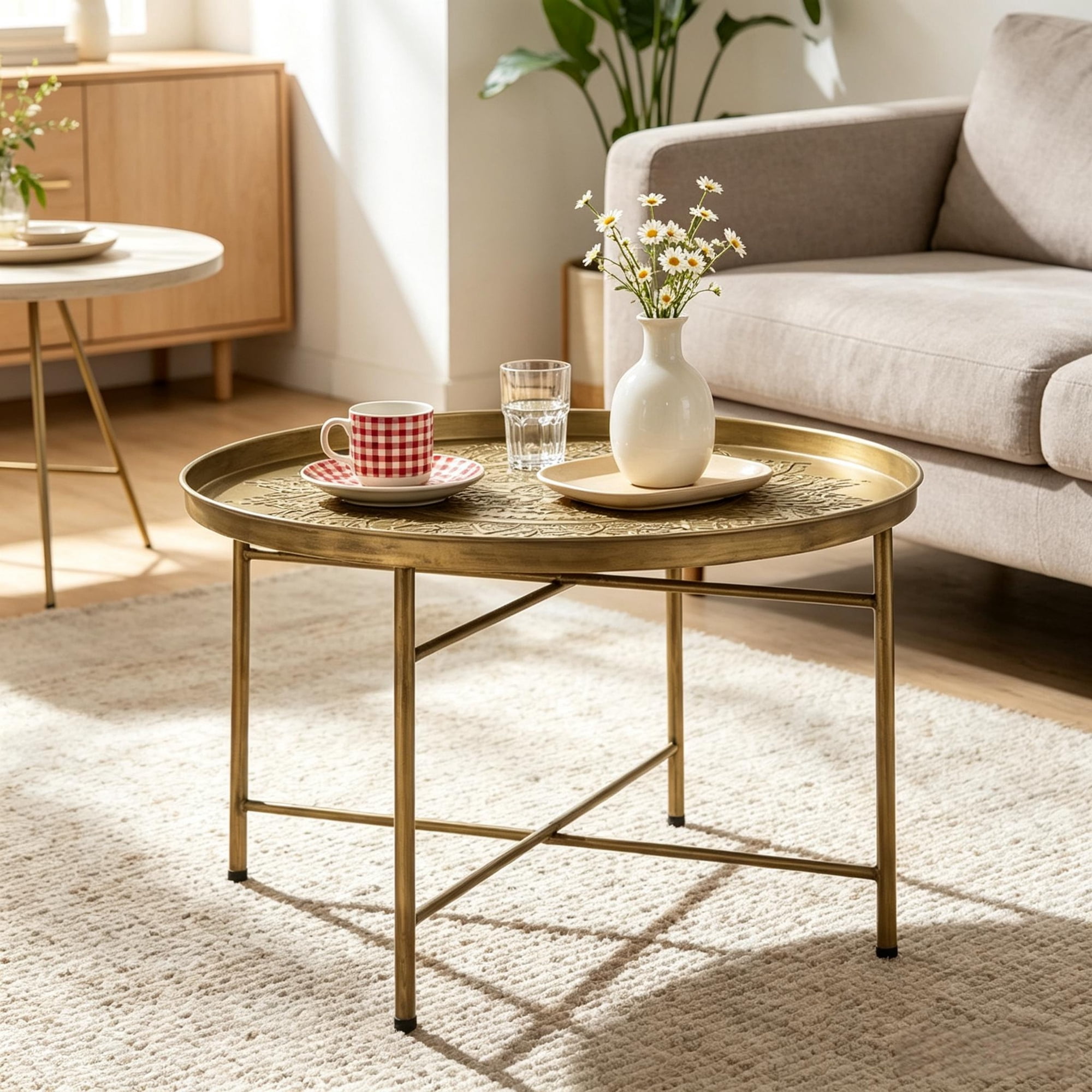 Round Metal Coffee Table with Hammered Floral Pattern Top 24 in Side Table for Living Room and Tea Time