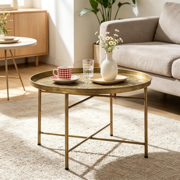 Round Metal Coffee Table with Hammered Floral Pattern Top, 24 in Side Table for Living Room and Tea Time