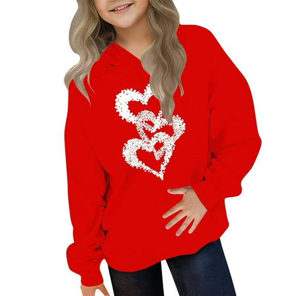 Eltusu Girls Valentines Hoodies, Heart Graphic Long Sleeve Fashion Loose Fit Pullover Sweatshirts Red Size 3-14 T