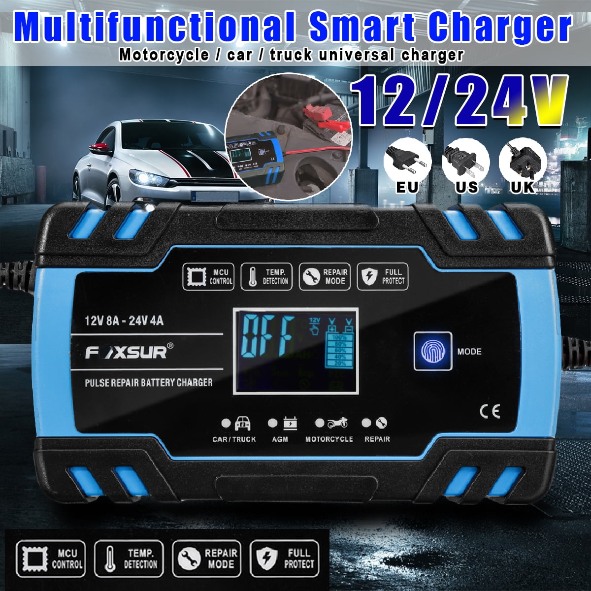 Motorcycle Lawn Mower and More Smart Car Battery Charger 12V//8A 24V//4A Compatible Automotive Smart Portable Battery Charger Maintainer//Pulse Repair Charger Pack for Car