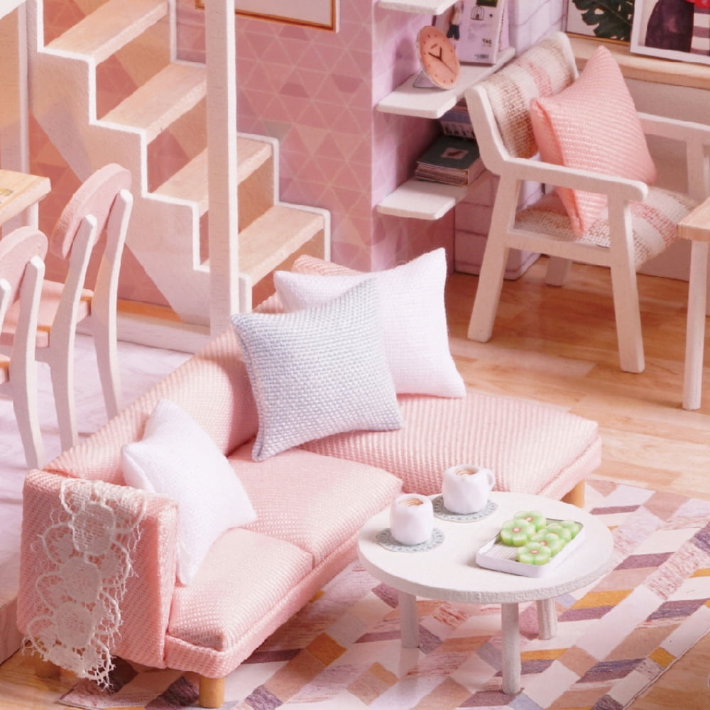 DIY Miniature Loft Dollhouse Kit Realistic 3D Pink Wooden House Room