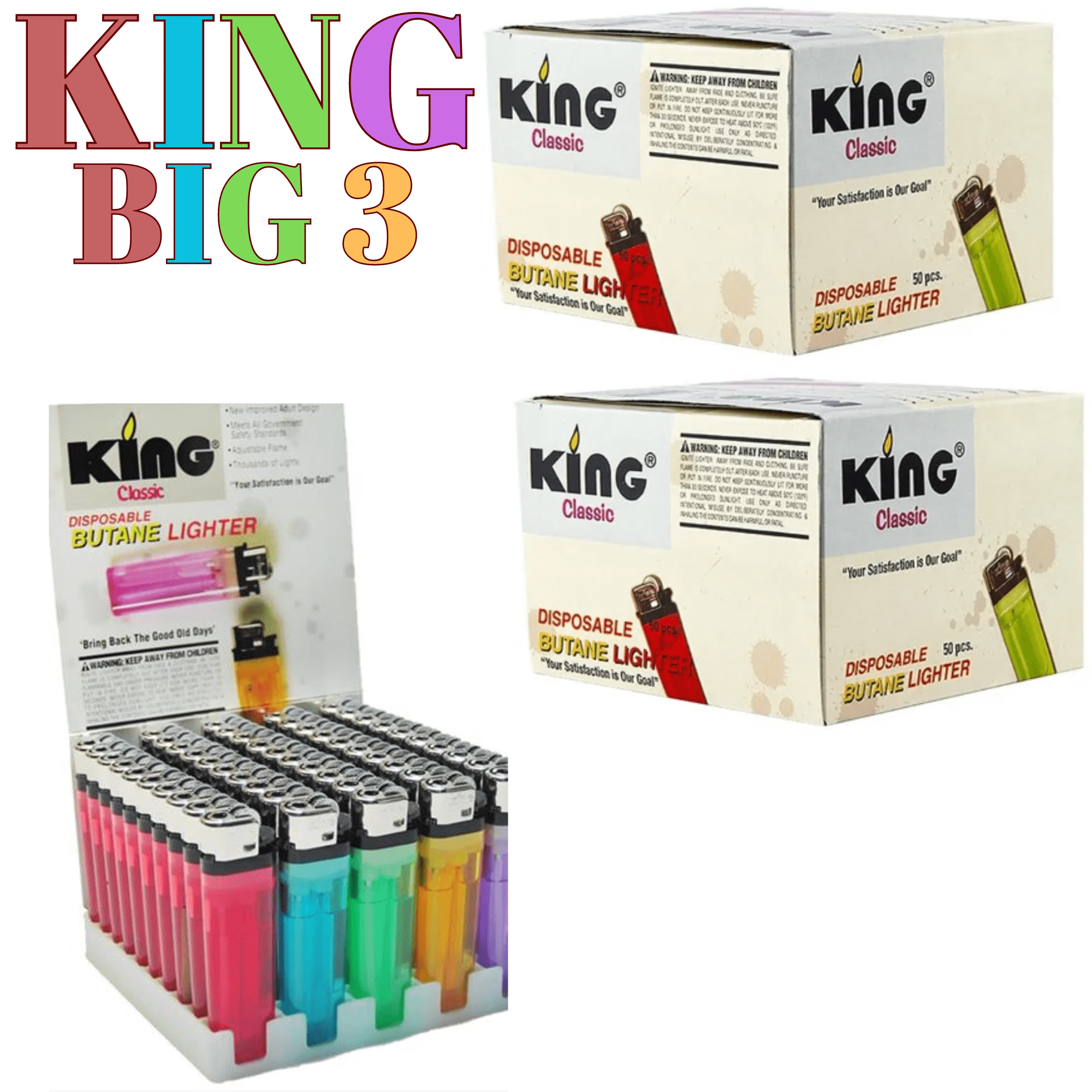 King Classic Disposable Butane Lighters Assorted Colors 50 Lighters Per Box 150 Count (Pack Of 3) BIG 3 SAVE