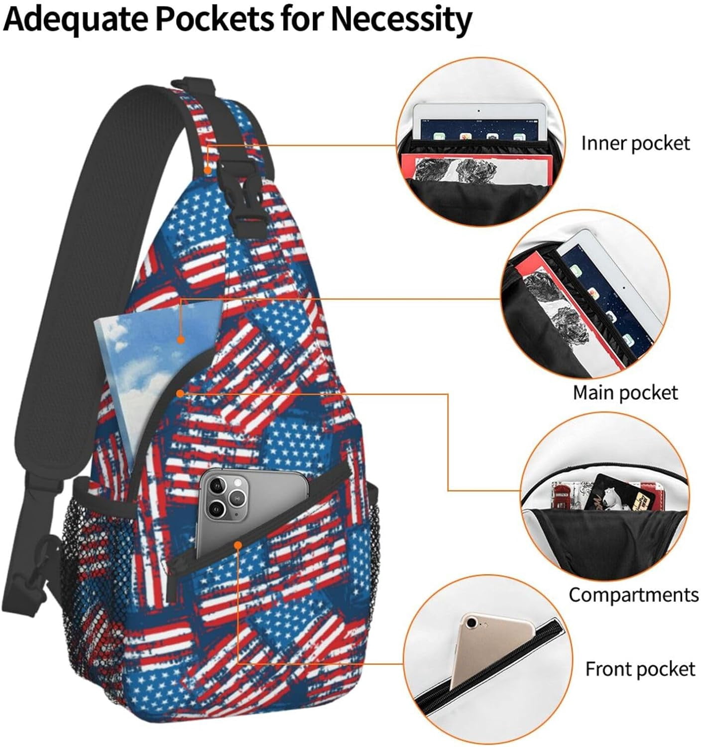 4th of July Independence Day American Flag Print Sling Bag Crossbody Hiking Travel Chest Bags Backpack Shoulder Daypack for Women Men