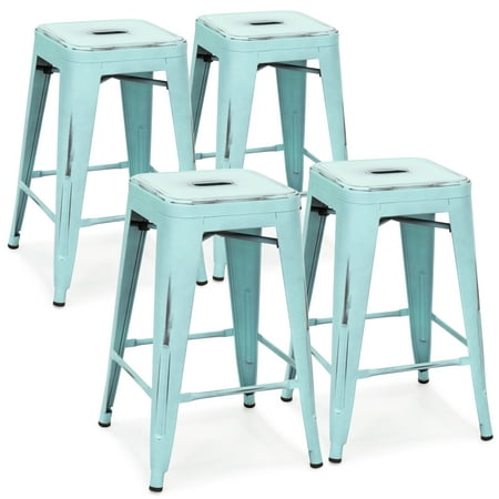Blue Breakfast Bar Stools Best Choice Products 24in Set of 4 Stackable Modern Industrial Distressed Metal Counter Height Bar Stools - Blue ()
