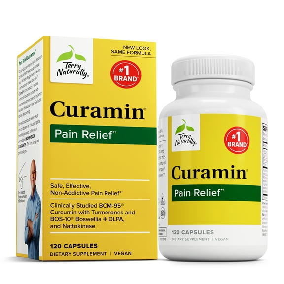 Terry Naturally Curamin - 120 Vegan Capsules - Non-Addictive Pain Relief Supplement With Curcumin From Turmeric, Boswellia & DLPA - Non-GMO, Gluten-Free - 40 Servings