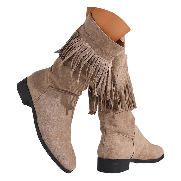 Mepaouo Women's Fringe Mid Calf Boots Round Toe Tassel Slouch Riding Booties Ladies Winter Dress Shoes