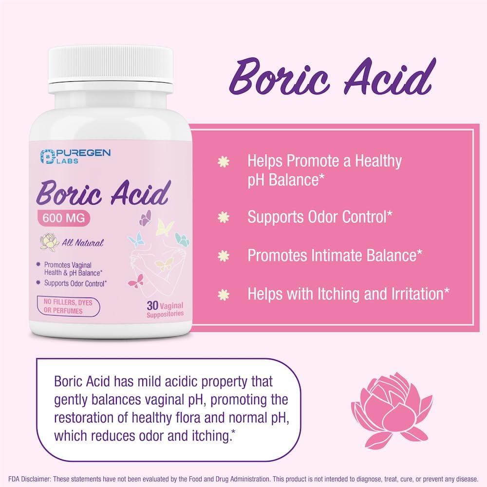 Puregen Labs Boric Acid 600mg Feminine Health Suppositories, 30 Count, 4-PK