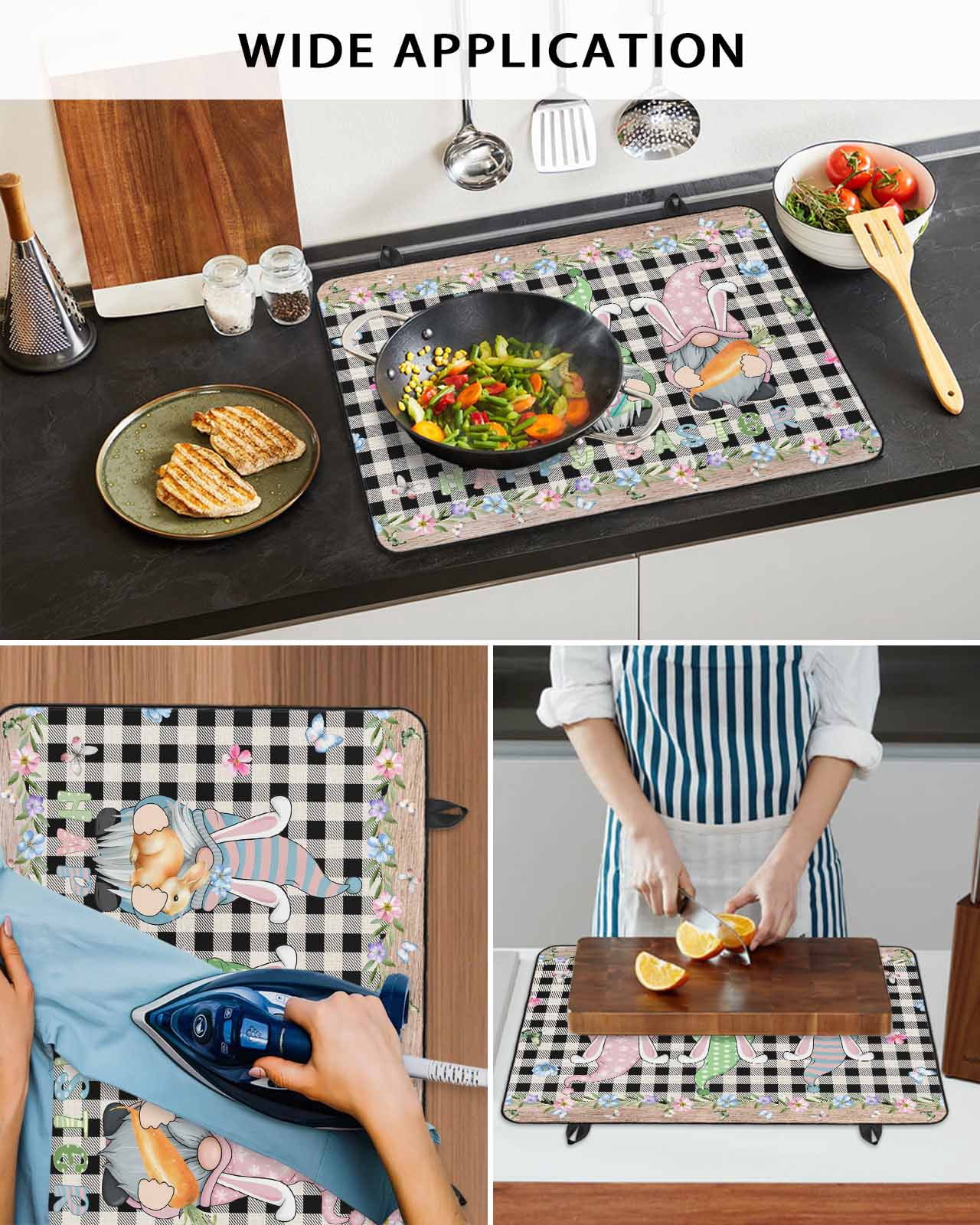 Large Induction Cooktop Protector Mat Easter Stove Top Covers for Electric Stove, Vintage Gnomes Bunny Eggs Black Buffalo Plaid Decorative Stove Burner Cover Mats, Glass Top Stove Cover