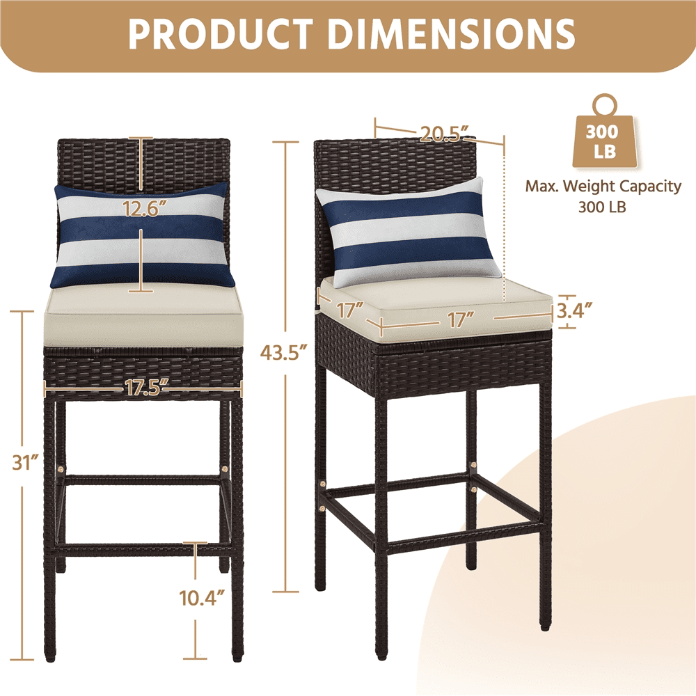 Alden Design 2pcs PE Rattan Bar Stool Set with Cushion for Outdoor, Brown/ Beige