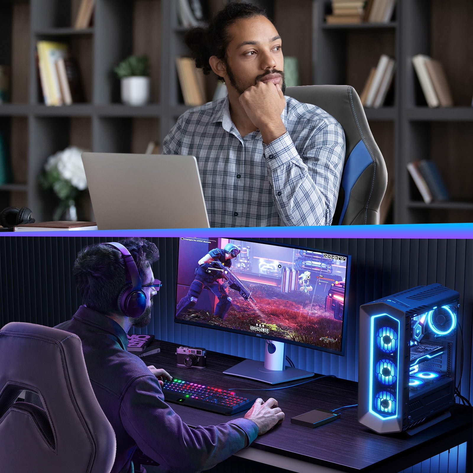 EDX Ergonomic Gaming Chair with PU Leather, Adjustable Swivel Computer & Office Desk Chair with Flip-Up Armrests, Blue