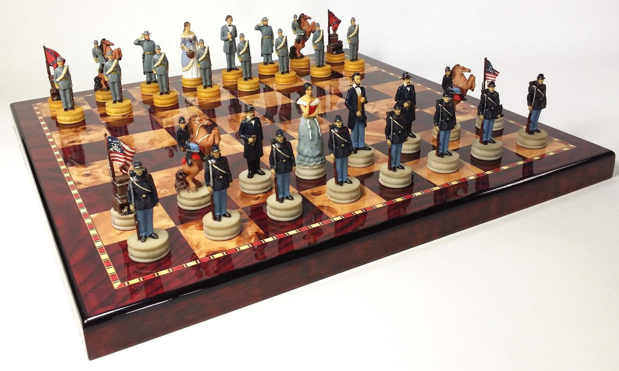 US American Civil War Queens Chess Set W 18" Cherry  Burlwood Color Board