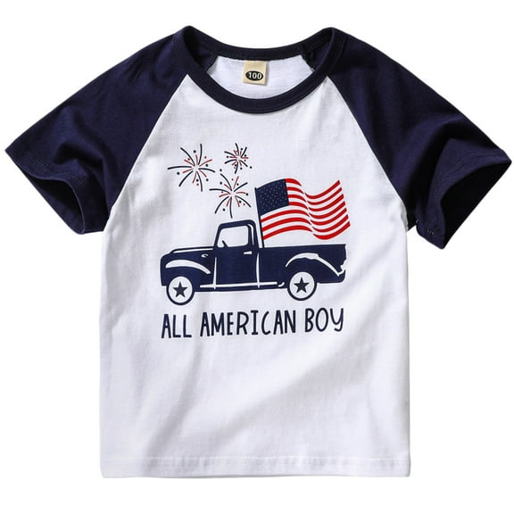 American Boys Short Sleeve Crewneck Truck Flag Graphic T-shirt Tee Tops for Todder Baby 1-5 Years