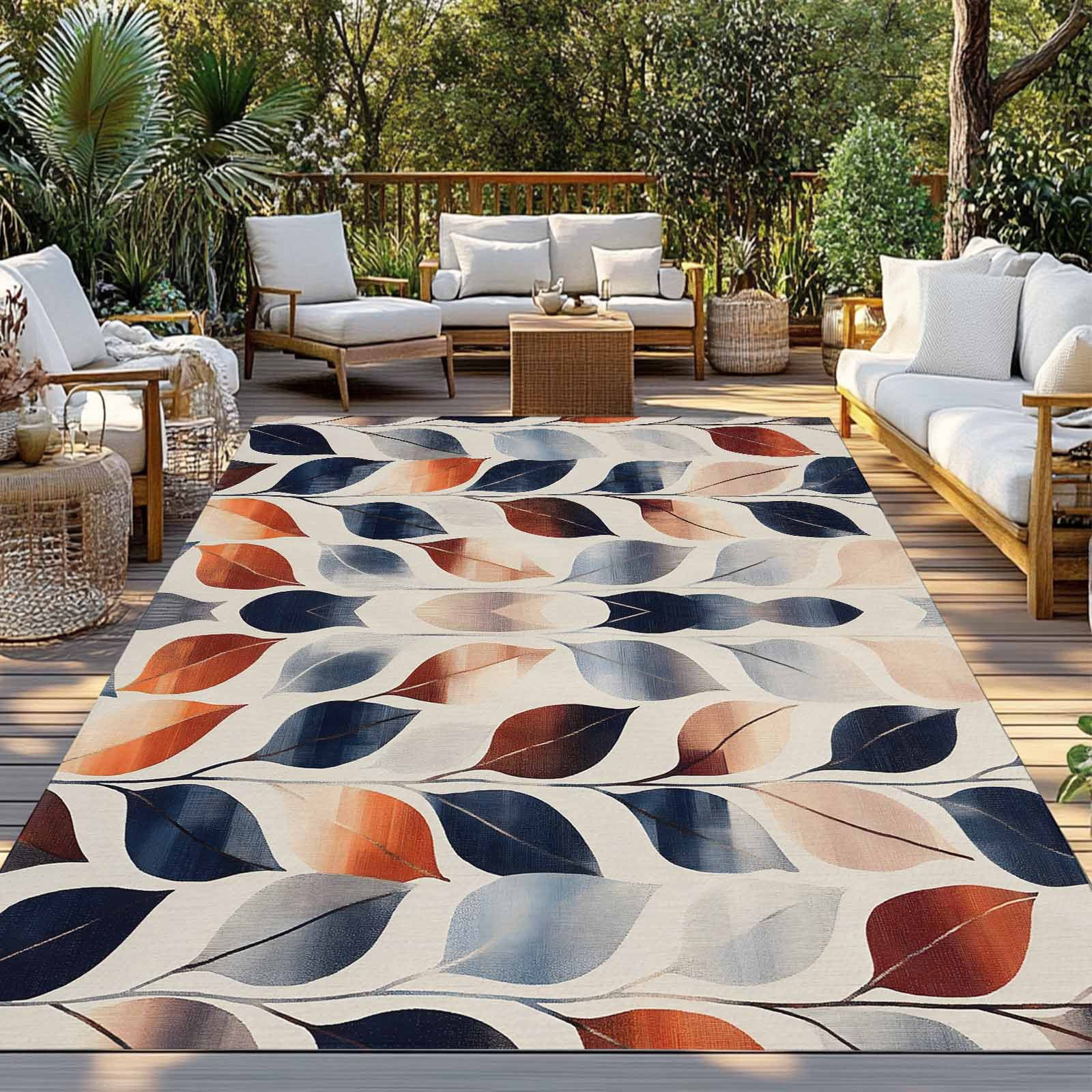 Navy Blue Burnt Orange Botanical Outdoor Rug 4x6 Ft - Reversible Patio Rug Outdoor Camping Rugs, Vintage Leaves Washable Indoor Outdoor Area Rugs, Non-Slip Outdoor Carpet Runner for Deck/Porch