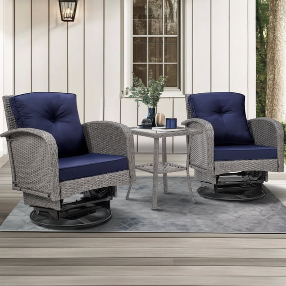 3-piece Patio Furniture Set on sale, Outdoor Patio Wicker Swivel Rocking Chair Set, Cushioned Porch Furniture for Balcony Backyard Deck, Dark Blue