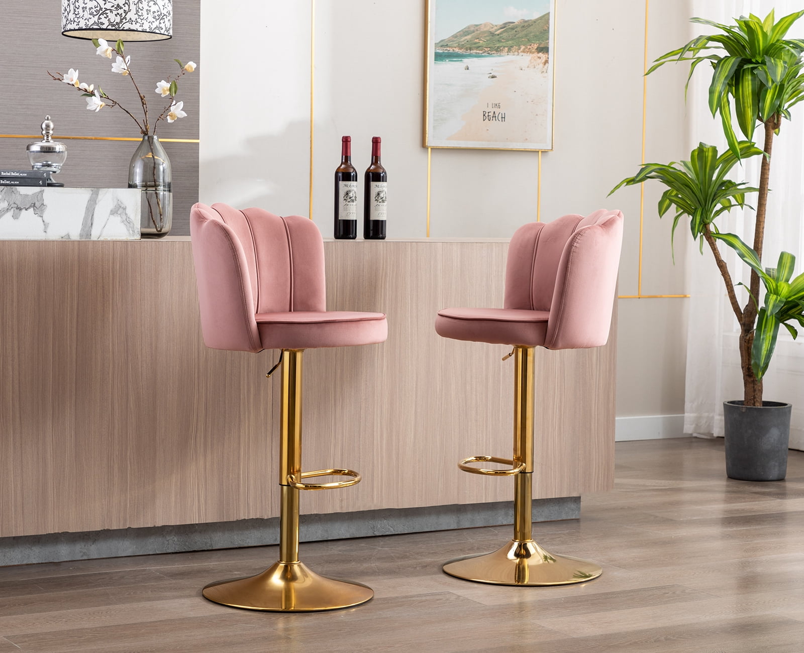 Guyou Swivel Adjustable Bar Stools Set of 2, Velvet Counter Height Barstools with Petal Back and Gold Footrest, Modern Counter Bar Height Stool Chairs for Kitchen Island Bar Cafe, Dark Pink