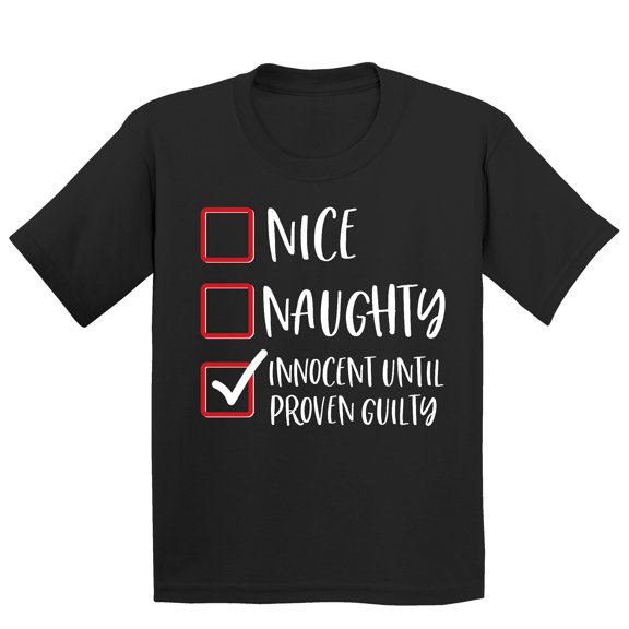Christmas Innocent Until Proven Guilty Check Shirt for Kids Youth Tshirt, L, Black