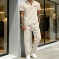 thumbnail image 2 of mihongmao Summer Mens Outfits Gym Sets Vacation Outfits Men's Solid Color Short Sleeve V-neck Pocket T-shirt Straight Pants Set Khaki 3X, 2 of 4