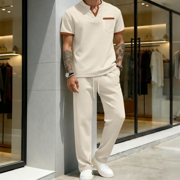 SOOMLON 2 Piece Outfit for Men Big and Tall Henley T Shirts Pants with Pockets Waffle Matching Set Casual Vacation Sets