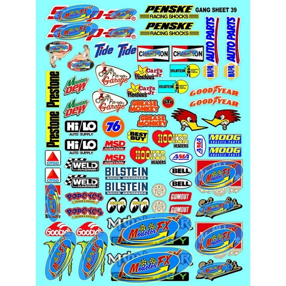 White Vinyl R/C Racing Sponsor Sticker Gang Sheet 39-1/24-1/16th Scale Model Decal Sticker Sheet Radio Control Lexan Body - Decorate Your R/c Cars, Boats, Trucks Scale Model � Die-Cut to Shape