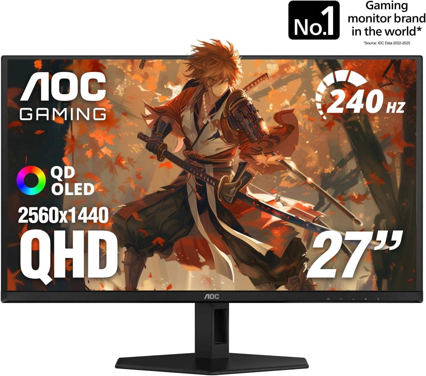 AOC 27" QD OLED Gaming Monitor, QHD 2560x1440, 240Hz, 0.03ms GtG, G-SYNC Compatible, HDR Ready, DisplayPort, HDMI, VESA Mountable, Console Gaming Ready, Q27GAZD