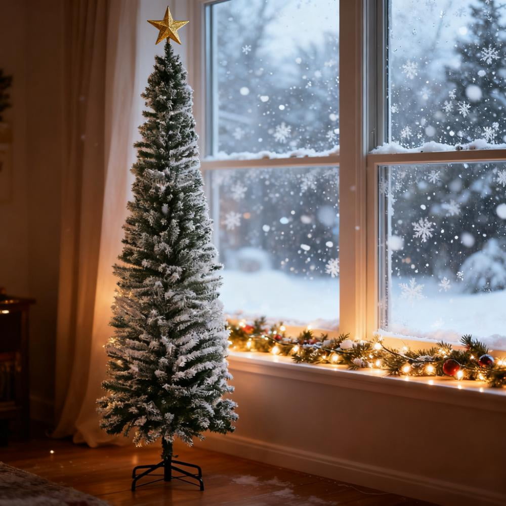 7.5ft Snow Flocked Pencil Christmas Tree 738 Tips Flame Retardant Small Space Holiday Decor
