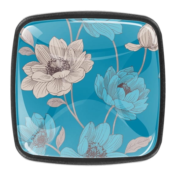 4 Pcs Square Cabinet Handle Cupboard Knob Drawer Pulls Handle Bohemia Teal Floral Drawer Knobs with Screws Furniture Decoration