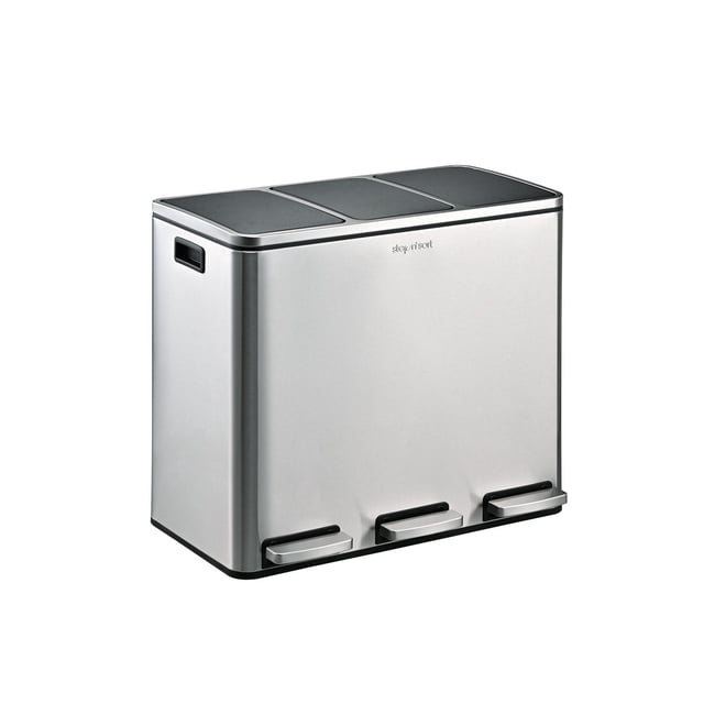 Step N’ Sort 3 Compartment Recycling Bin, 54L (3 x 18L), Stainless Steel Kitchen Trash Can with Lid and Removable Buckets