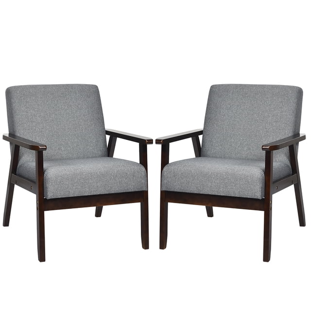Costway Set of 2 Fabric Accent Armchair Wooden Upholstered Lounge Chair Dark Grey