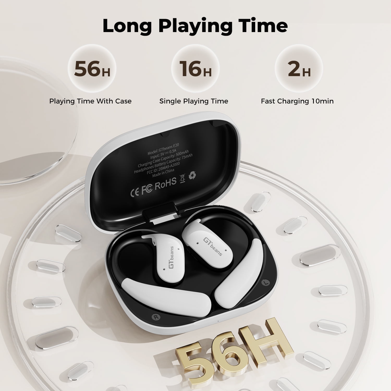 GTbeans E20 Open-Ear Earphones OWS Ear Hooks Wireless Bluetooth 6.0 Headphones IP55 Waterproof 56 Hrs Playtime 4 Mic Clear Call Sports Earbuds, White