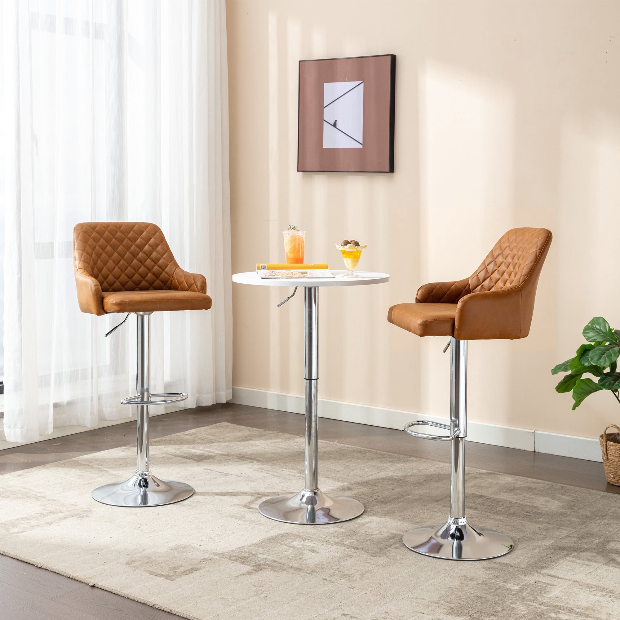 VECELO Bar Stools Set of 4 Modern PU Leather Height Adjustable Swivel Barstool with Back and Footrest, Brown