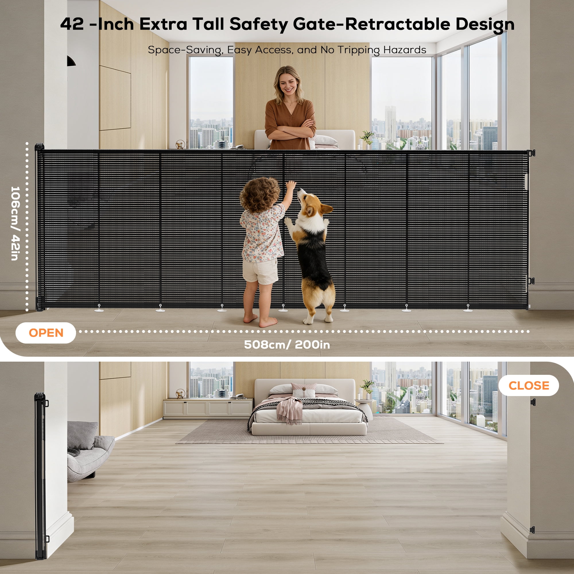 TULILLO Retractable Baby Gate 200" Extra Wide, 48in Tall, Double Lock, Retractable Dog Gate for Doorways Stairs Hallways Indoor and Outdoor, Gray