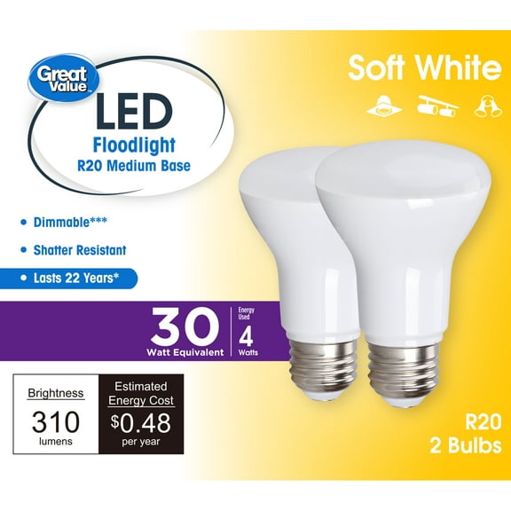 Great Value R20 LED 4W (30W Equivalent) Soft White E26 Medium Base Indoor Directional Floodlight Bulbs, Dimmable, 2 Pack
