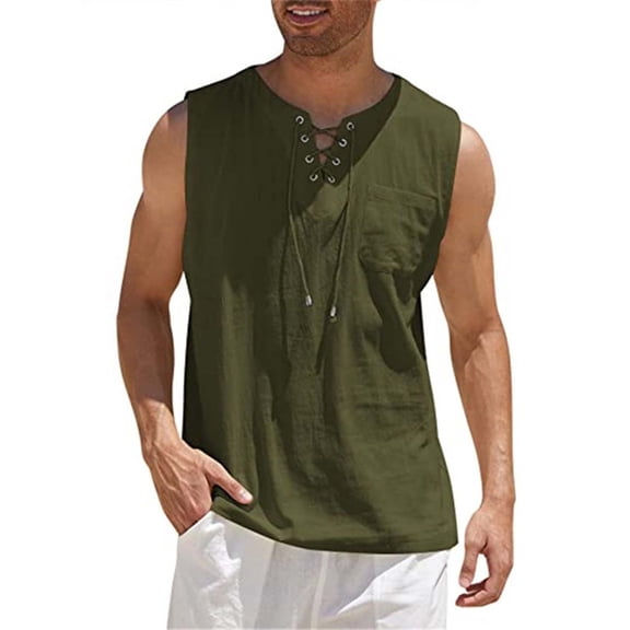 Jyeity Mens Tank Top Linen Breathable V-Neck Tank Top, with Pockets Solid Color Loose Tank Tops