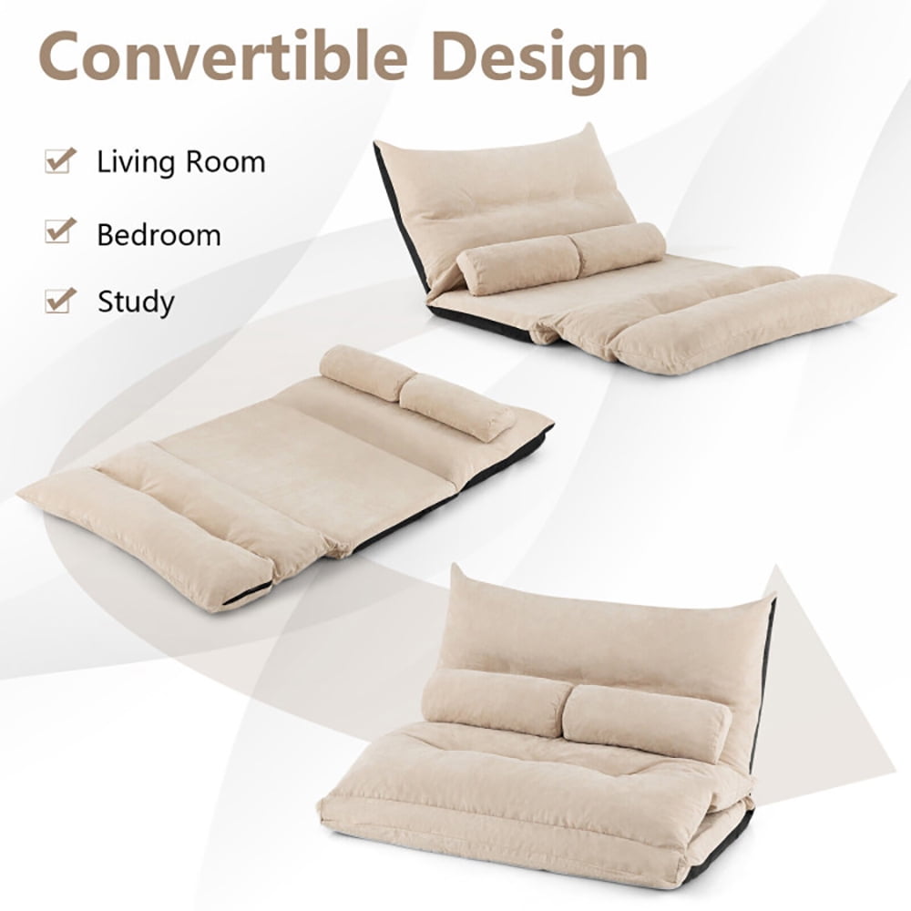 Finihen Sofa Bed, Floor Sofa Bed, Adjustable Floor Sofa Bed with 2 Lumbar Pillows, for Living Room, Bedroom, Beige