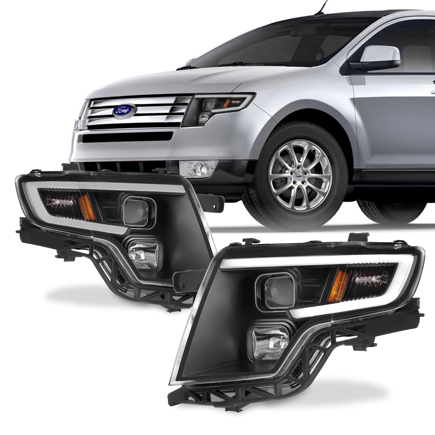 For Ford Edge 20072010 LED Light Bar DRL Projector Headlights Black
